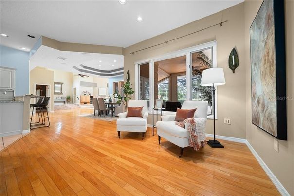 Dining room, Interior, Living room, Recessed Lighting, Wood Texture Flooring
