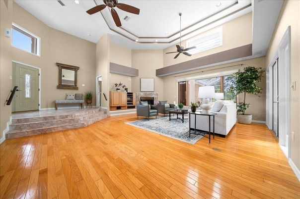 Fireplace, Interior, Living room, Recessed Lighting, Wood Texture Flooring