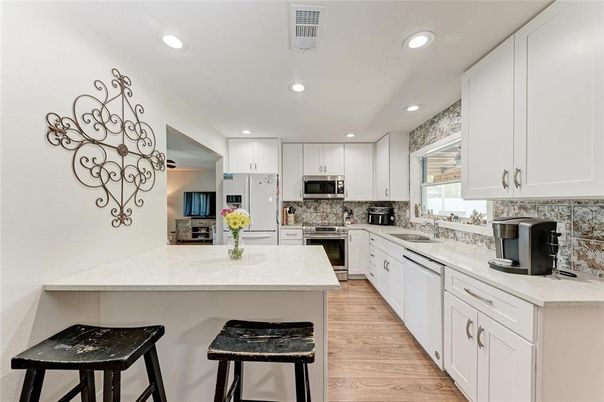 Interior, Kitchen, Recessed Lighting, Stainless Steel Appliances, Wood Texture Flooring