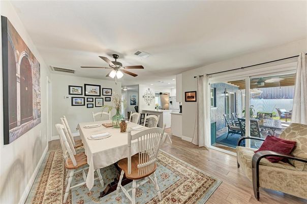 Dining room, Interior, Recessed Lighting, Wood Texture Flooring