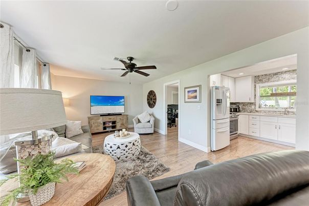 Interior, Kitchen, Living room, Recessed Lighting, Stainless Steel Appliances, Wood Texture Flooring