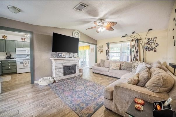 Fireplace, Interior, Kitchen, Living room, Wood Texture Flooring