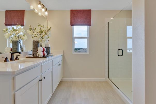 Bathroom, Dual Sink Vanities, Glass Shower, Interior, Wood Texture Flooring