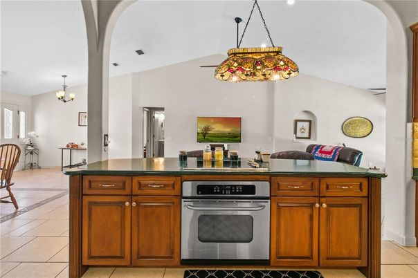 Chandelier, Interior, Kitchen, Pendant Lights, Recessed Lighting, Stainless Steel Appliances