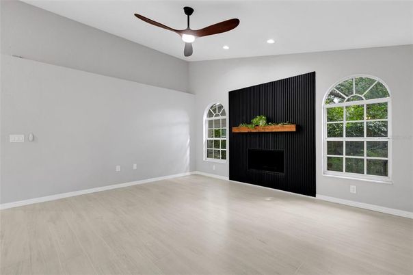 Empty room, Fireplace, Interior, Recessed Lighting, Wood Texture Flooring
