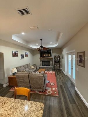 Fireplace, Interior, Living room, Recessed Lighting, Wood Texture Flooring