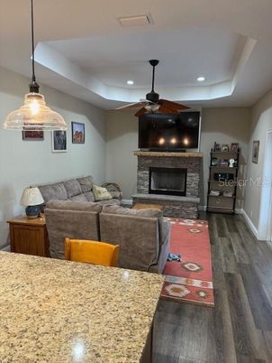 Fireplace, Interior, Living room, Pendant Lights, Recessed Lighting, Wood Texture Flooring