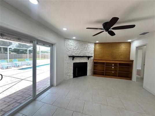 Fireplace, Interior, Recessed Lighting, Stone Walls