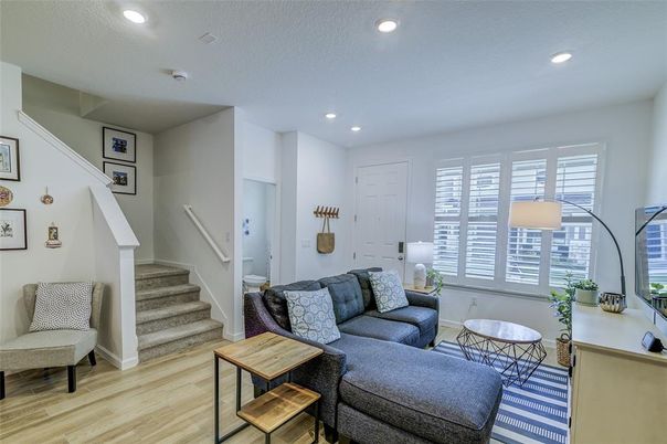 Interior, Living room, Recessed Lighting, Wood Texture Flooring