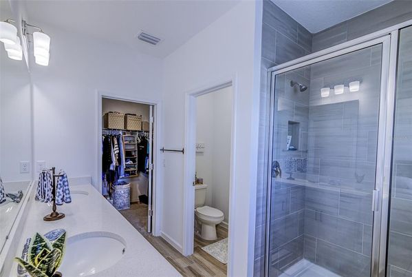 Bathroom, Glass Shower, Interior, Wood Texture Flooring