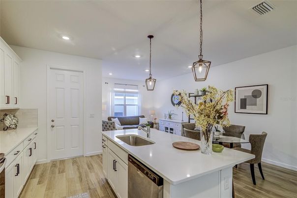 Dining room, Interior, Kitchen, Pendant Lights, Recessed Lighting, Wood Texture Flooring