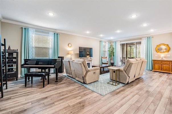 Interior, Living room, Piano, Recessed Lighting, Wood Texture Flooring