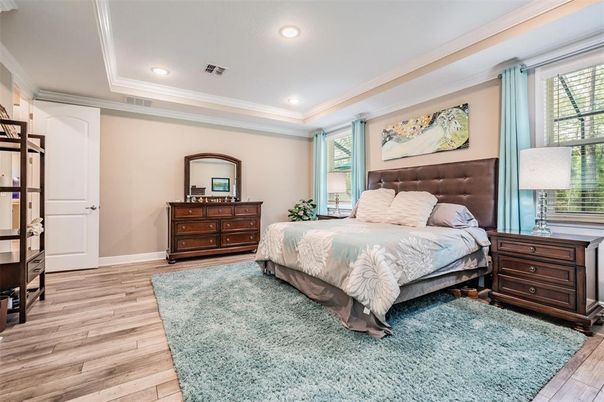 Bedroom, Interior, Recessed Lighting, Wood Texture Flooring