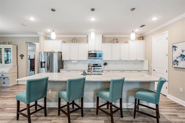 Interior, Kitchen, Pendant Lights, Recessed Lighting, Stainless Steel Appliances, Wood Texture Flooring