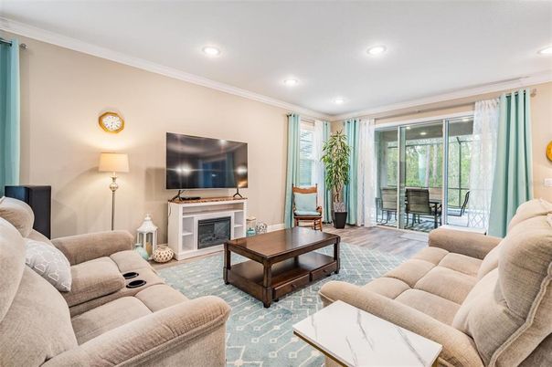 Fireplace, Interior, Living room, Recessed Lighting, Wood Texture Flooring