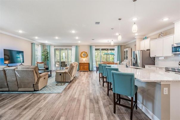 Interior, Kitchen, Living room, Pendant Lights, Recessed Lighting, Stainless Steel Appliances, Wood Texture Flooring
