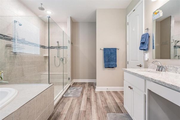 Bathroom, Glass Shower, Interior, Recessed Lighting, Wood Texture Flooring