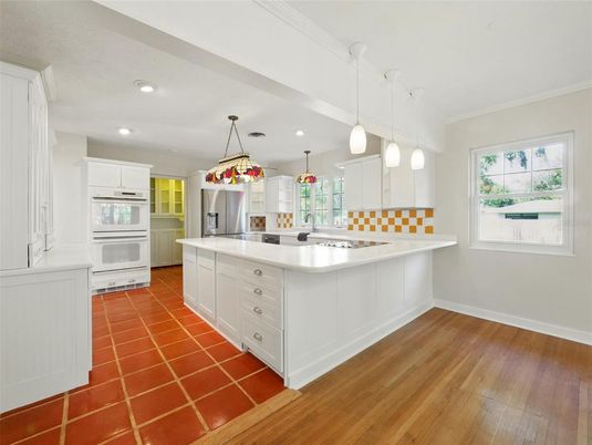 Interior, Kitchen, Pendant Lights, Recessed Lighting, Wood Texture Flooring