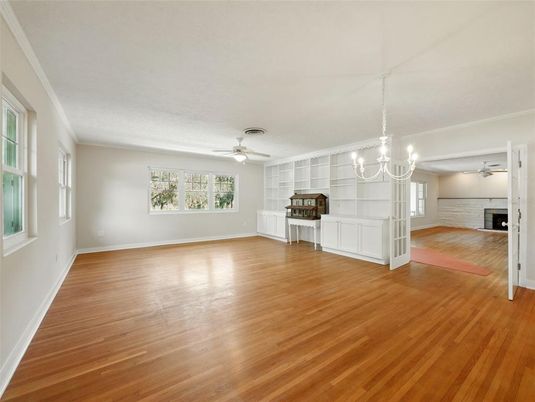 Chandelier, Empty room, Fireplace, Interior, Wood Texture Flooring