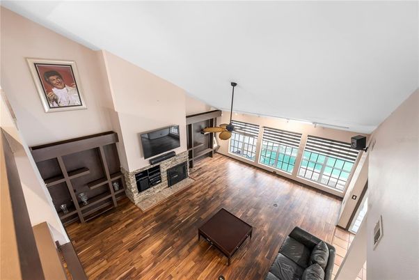 Fireplace, Interior, Pendant Lights, Wood Texture Flooring