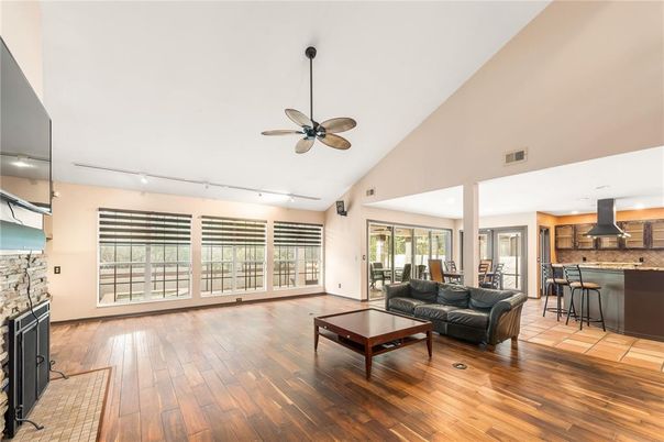 Fireplace, Interior, Kitchen, Living room, Wood Texture Flooring