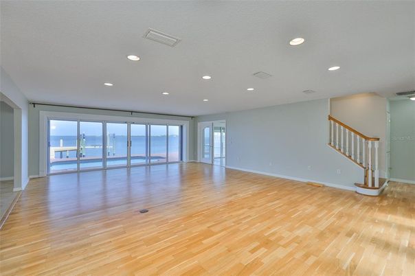Empty room, Interior, Recessed Lighting, Water, Wood Texture Flooring