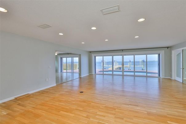 Empty room, Interior, Recessed Lighting, Water, Wood Texture Flooring