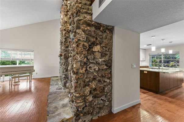 Interior, Pendant Lights, Stone Walls, Wood Texture Flooring