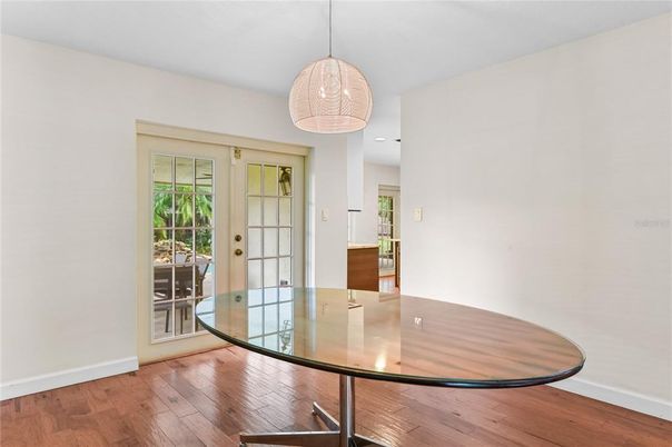 Dining room, Interior, Pendant Lights, Wood Texture Flooring