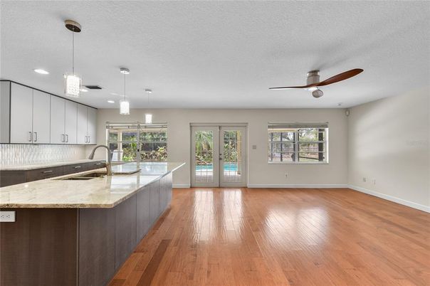 Empty room, Interior, Kitchen, Pendant Lights, Recessed Lighting, Wood Texture Flooring