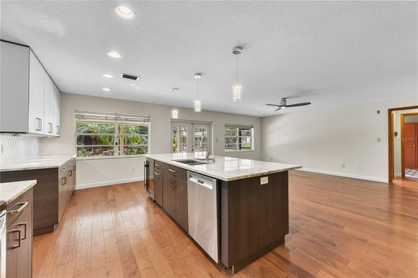 Interior, Kitchen, Pendant Lights, Recessed Lighting, Wood Texture Flooring