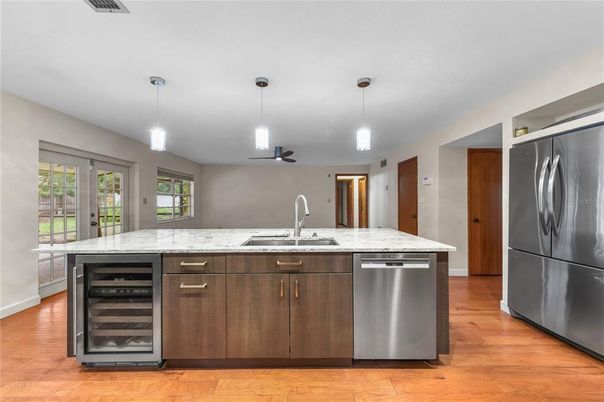 Interior, Kitchen, Pendant Lights, Wood Texture Flooring