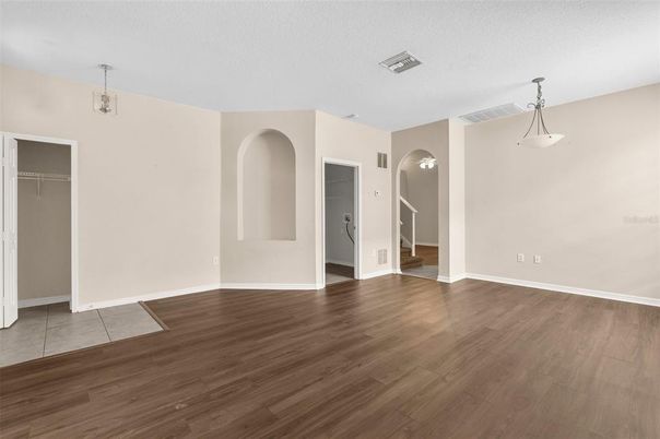 Empty room, Interior, Pendant Lights, Wood Texture Flooring