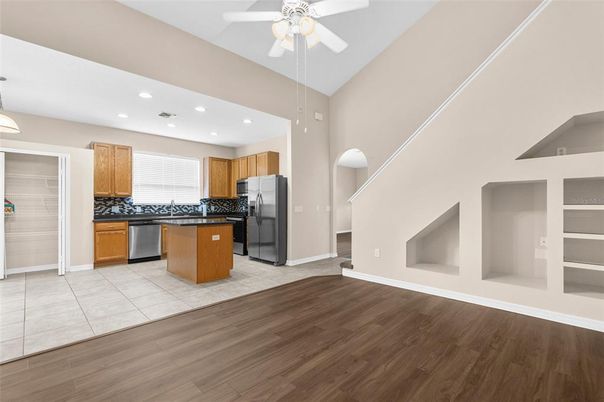 Interior, Kitchen, Pendant Lights, Recessed Lighting, Wood Texture Flooring