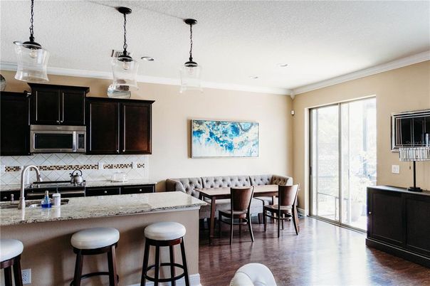 Dining room, Interior, Kitchen, Pendant Lights, Recessed Lighting, Wood Texture Flooring