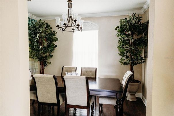 Chandelier, Dining room, Interior, Wood Texture Flooring