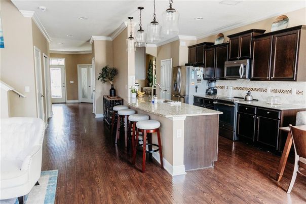 Interior, Kitchen, Pendant Lights, Recessed Lighting, Wood Texture Flooring