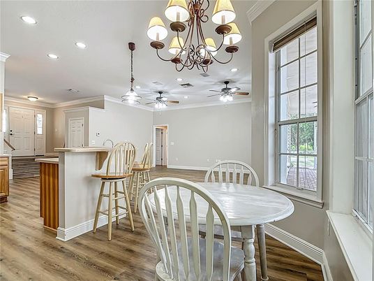 Chandelier, Dining room, Interior, Recessed Lighting, Wood Texture Flooring