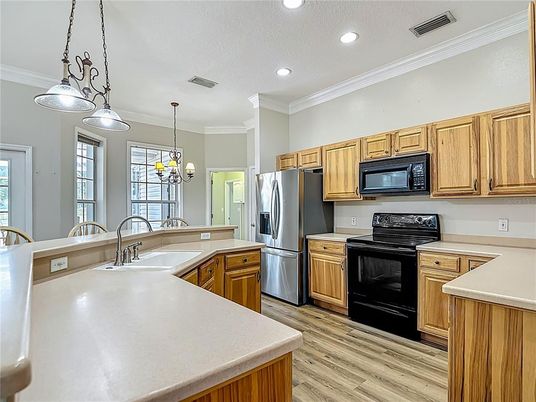 Interior, Kitchen, Pendant Lights, Recessed Lighting, Stainless Steel Appliances, Wood Texture Flooring
