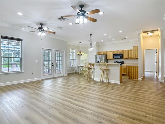 Chandelier, Interior, Kitchen, Pendant Lights, Recessed Lighting, Wood Texture Flooring