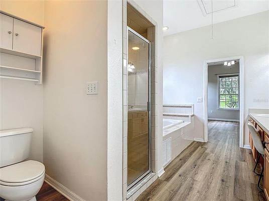 Bathroom, Glass Shower, Interior, Wood Texture Flooring