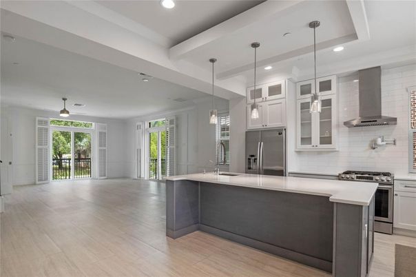 Interior, Kitchen, Pendant Lights, Recessed Lighting, Stainless Steel Appliances, Wood Texture Flooring
