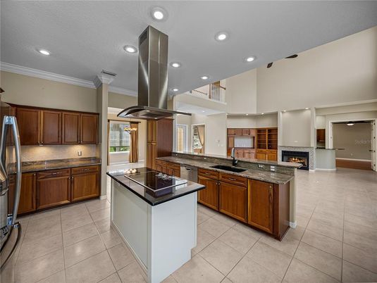 Fireplace, Interior, Kitchen, Recessed Lighting, Stainless Steel Appliances