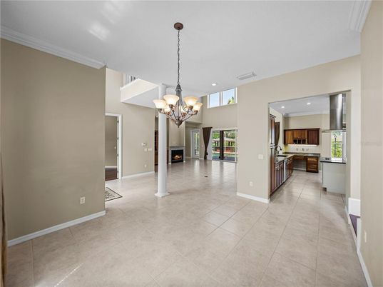 Chandelier, Empty room, Fireplace, Interior, Kitchen, Recessed Lighting