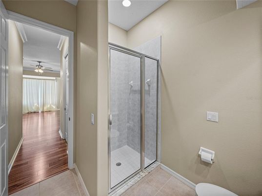 Bathroom, Glass Shower, Interior, Recessed Lighting, Wood Texture Flooring