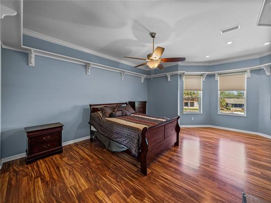 Bedroom, Interior, Recessed Lighting, Wood Texture Flooring