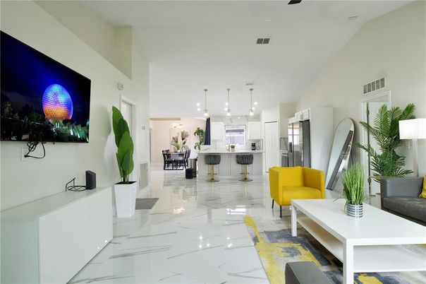 Interior, Kitchen, Living room, Marble, Pendant Lights, Recessed Lighting, Stainless Steel Appliances