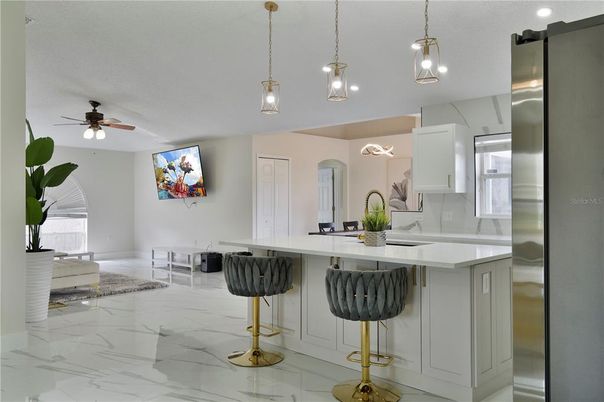 Interior, Kitchen, Marble, Pendant Lights, Recessed Lighting, Stainless Steel Appliances