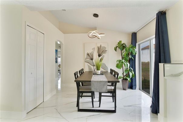 Dining room, Interior, Marble, Pendant Lights