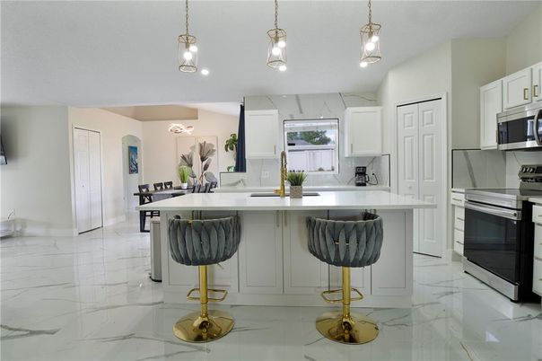 Interior, Kitchen, Marble, Pendant Lights, Stainless Steel Appliances